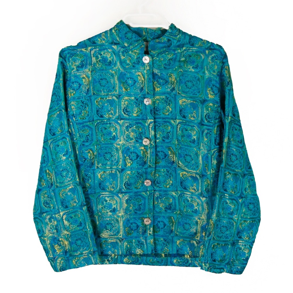 Vintage 00s Chicos Asian Satin Silk Blue Long Sleeve Button Up Blouse Top Jacket